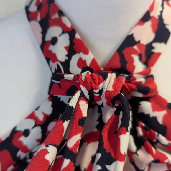 Michael Kors Size XS Black/Red/White Floral Cold Shoulder Blouse With Neck Tie - Picture 4 of 16